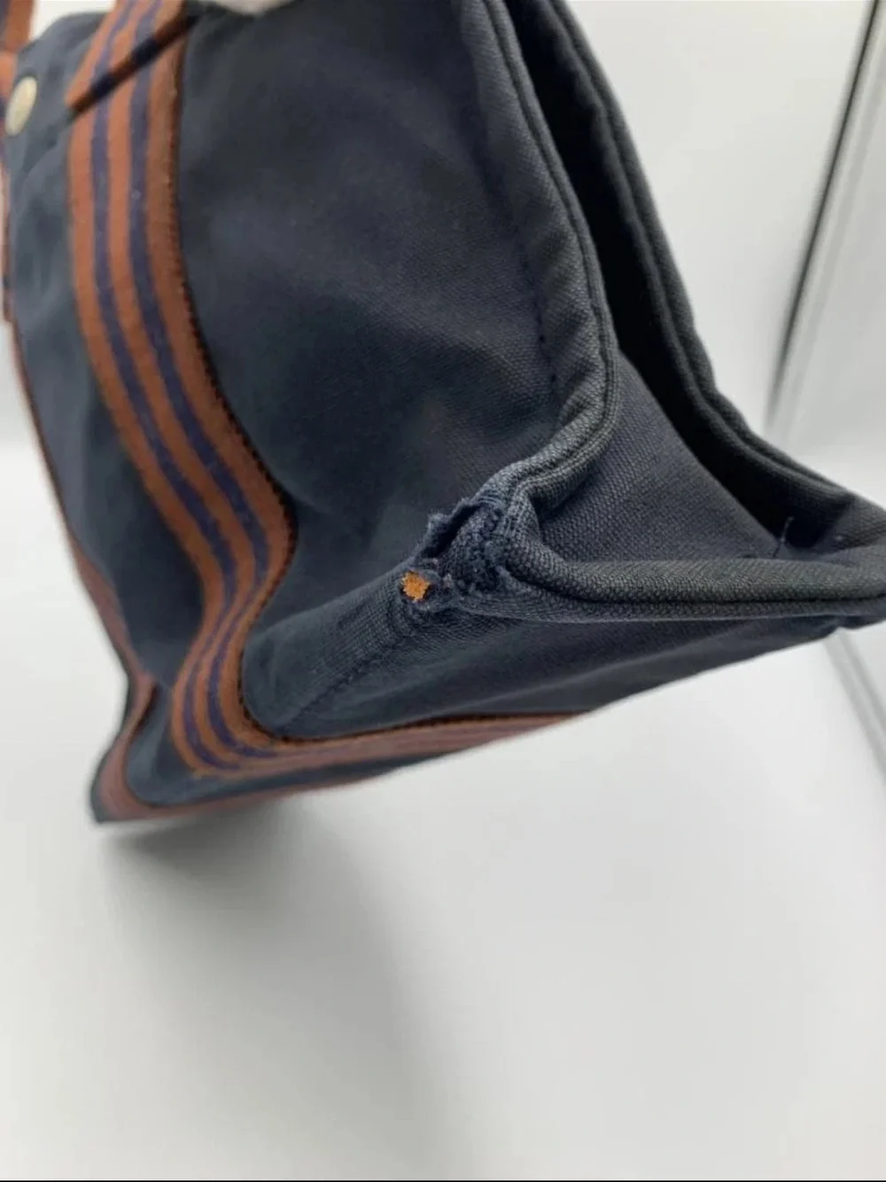 Hermes Navy Canvas Tote with Brown Striped Handles